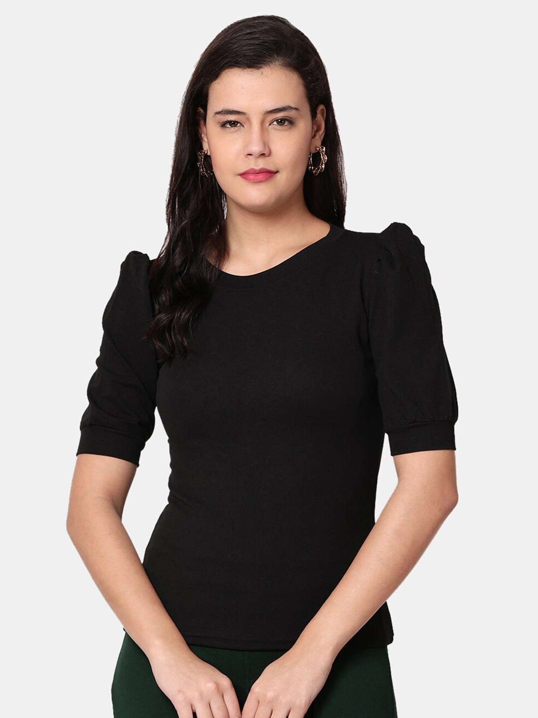 

Selvia Round Neck Puff Sleeve Top, Black