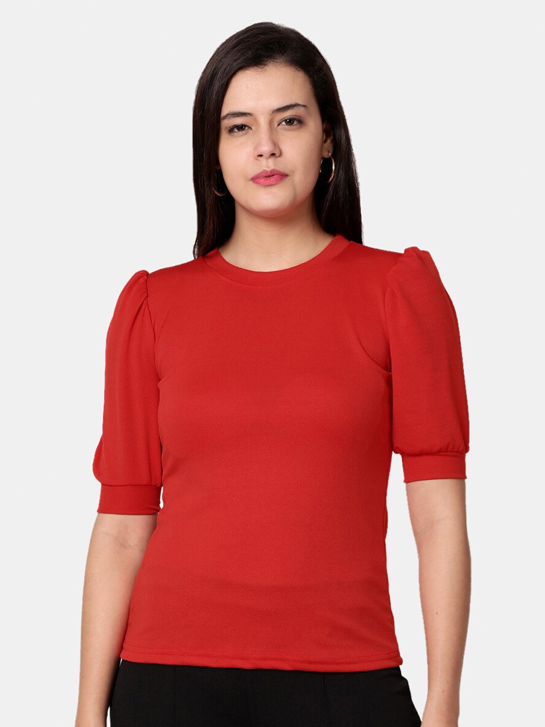 

Selvia Round Neck Puff Sleeve Top, Red