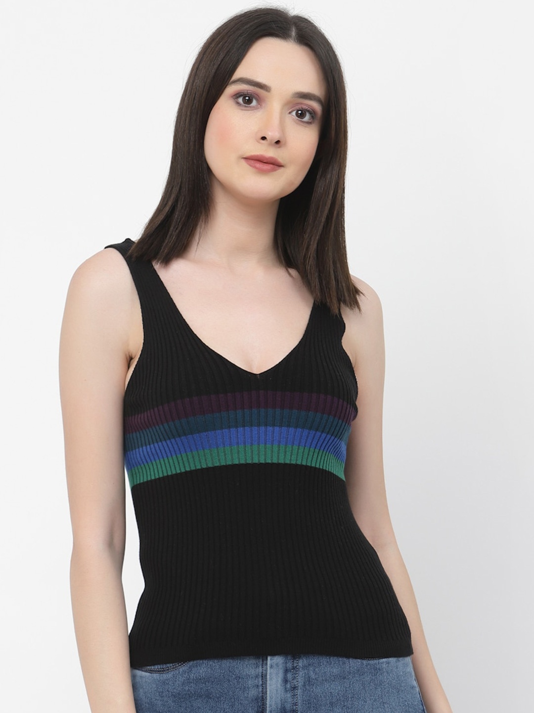 

Kalt Striped Ribbed Knitted Cotton Tank Top, Black