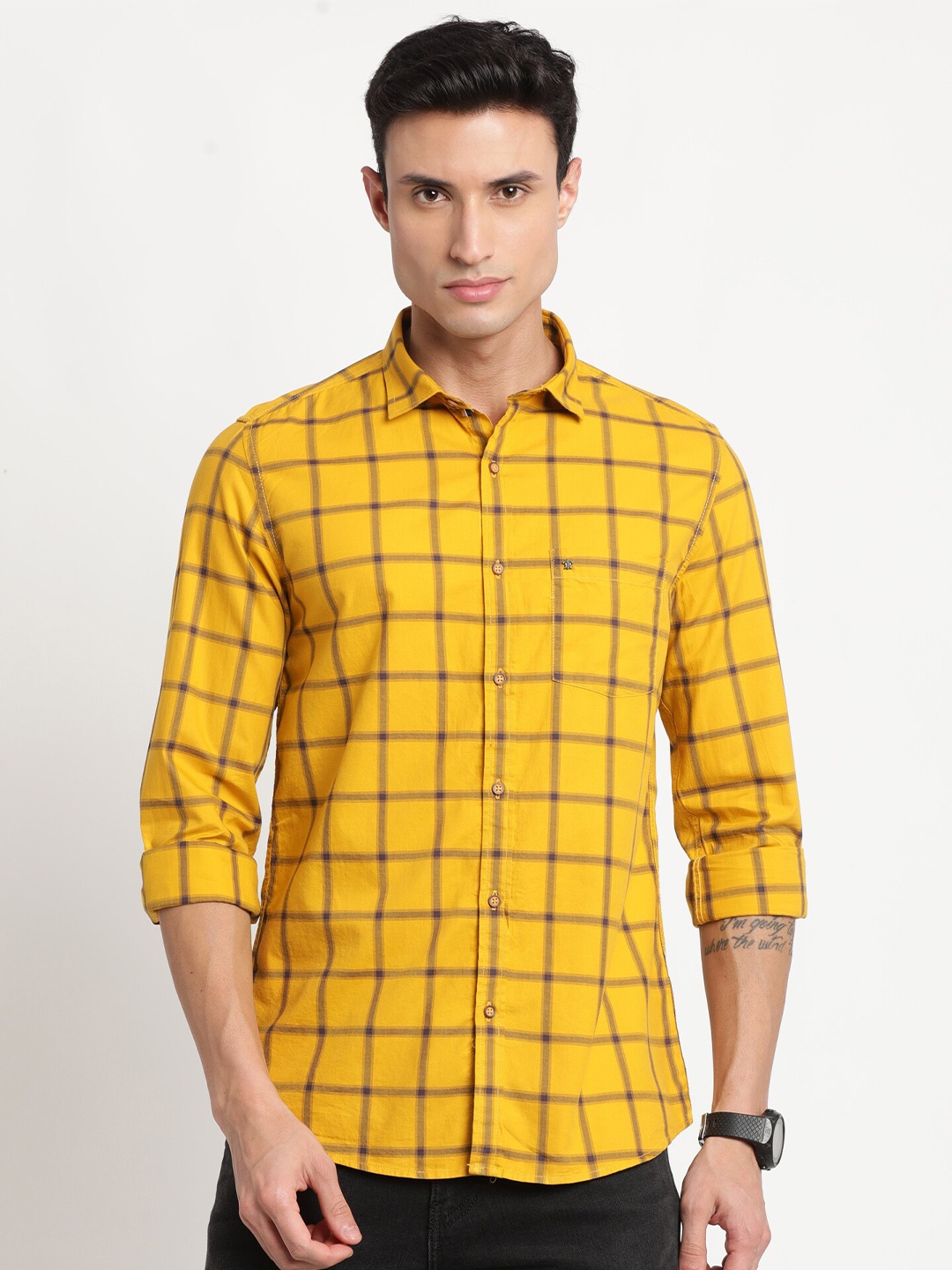 

Turtle Relaxed Windowpane Checked Pure Cotton Slim Fit Casual Shirt, Yellow