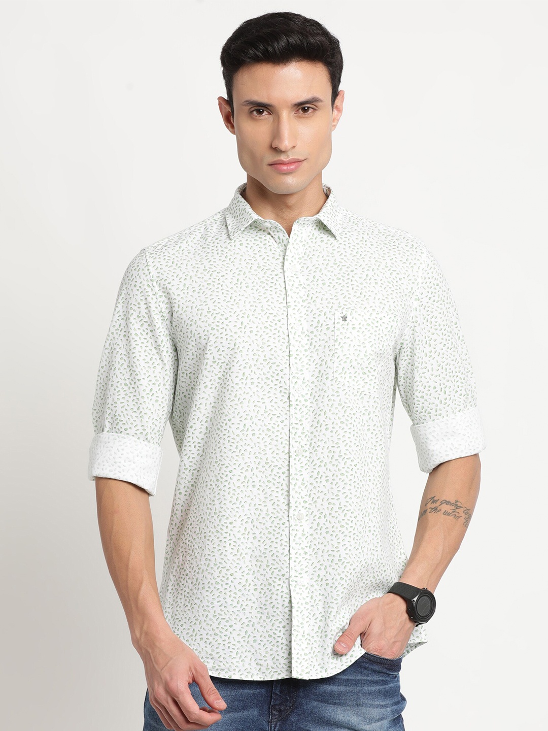 

Turtle Relaxed Micro Ditsy Printed Cotton Linen Slim Fit Casual Shirt, Sea green