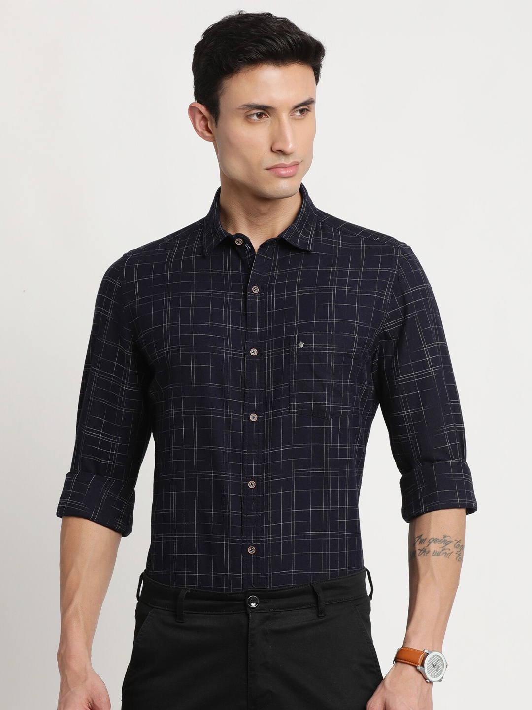 

Turtle Relaxed Grid Tattersall Checked Pure Cotton Slim Fit Casual Shirt, Navy blue