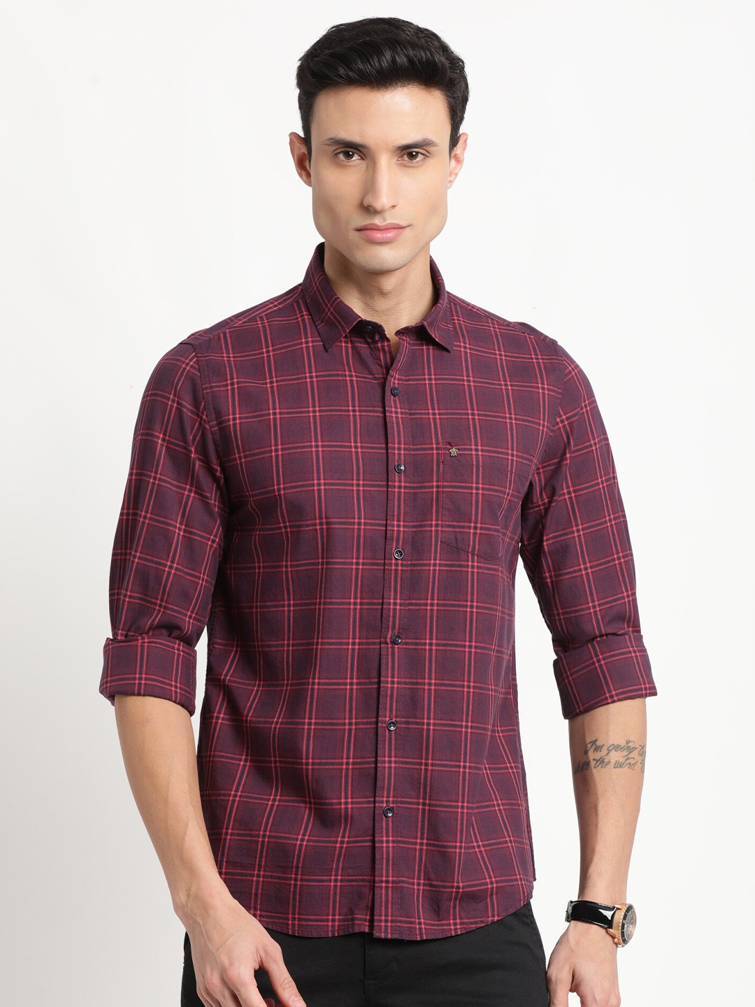 

Turtle Relaxed Tartan Checked Pure Cotton Slim Fit Casual Shirt, Maroon