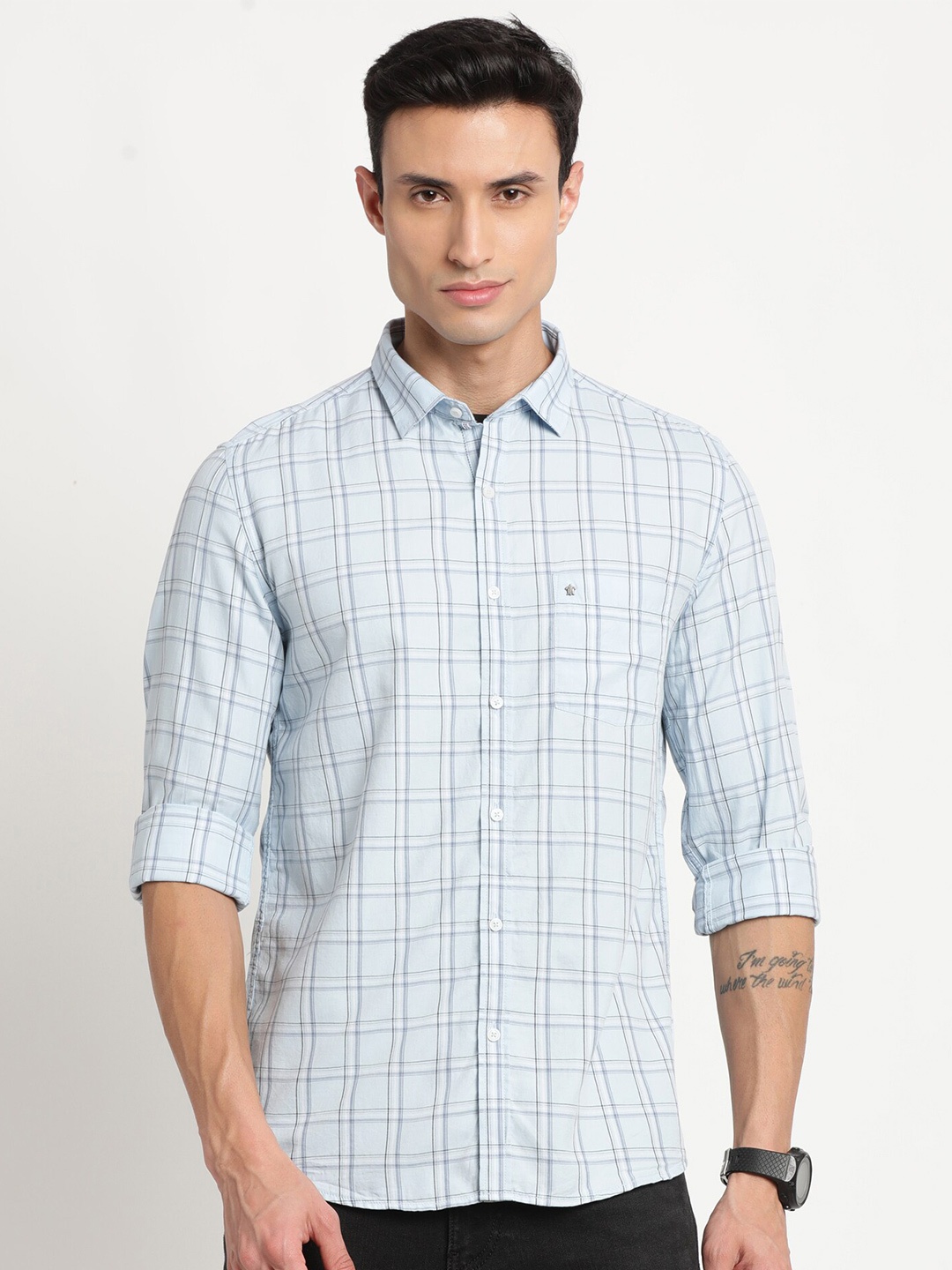 

Turtle Relaxed Checked Pure Cotton Slim Fit Casual Shirt, Blue