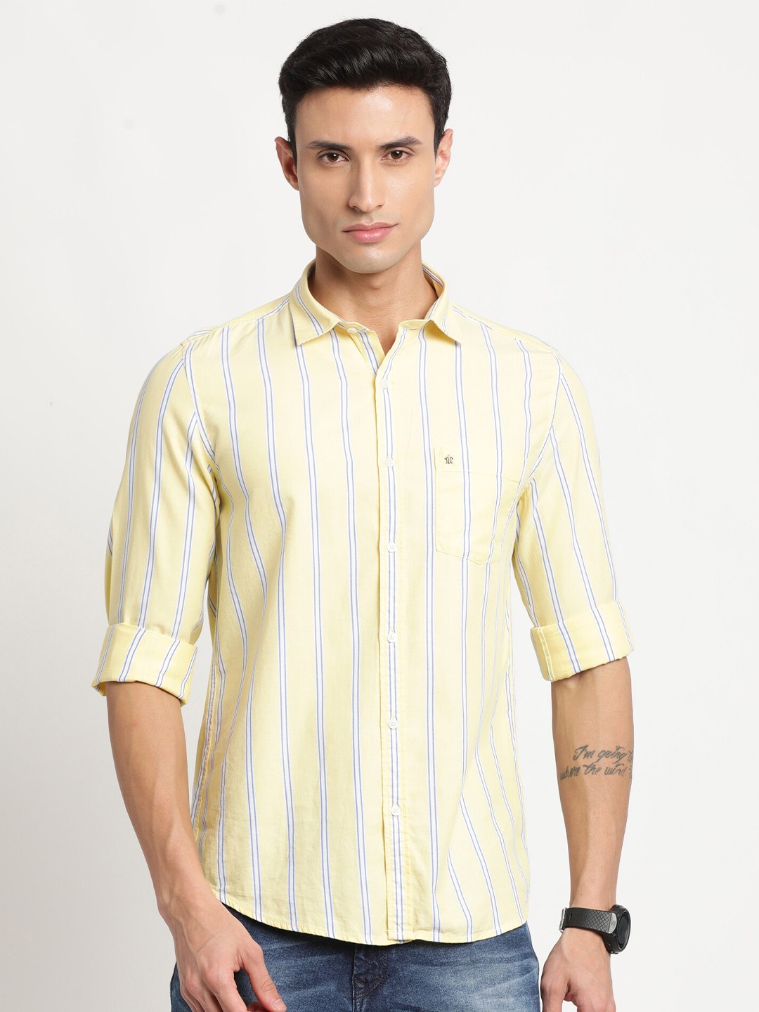 

Turtle Relaxed Vertical Checked Pure Cotton Slim Fit Casual Shirt, Yellow