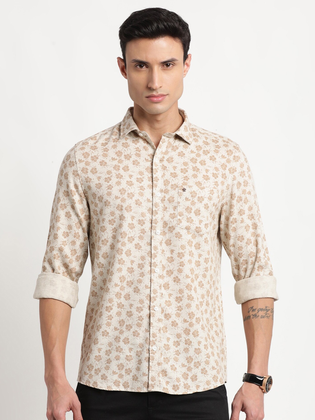 

Turtle Relaxed Slim Fit Floral Opaque Printed Casual Shirt, Khaki