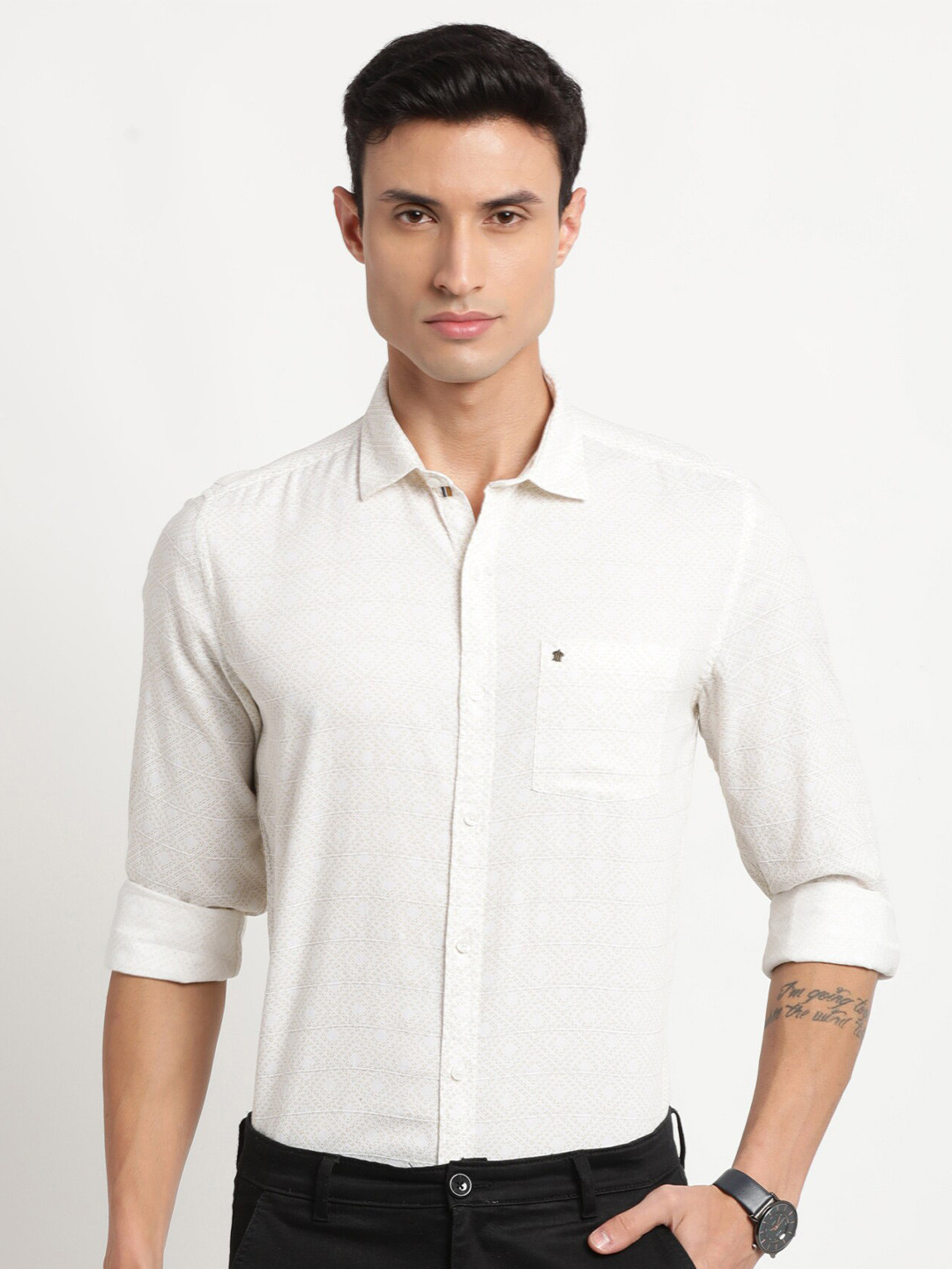 

Turtle Relaxed Horizontal Striped Pure Cotton Slim Fit Casual Shirt, Cream