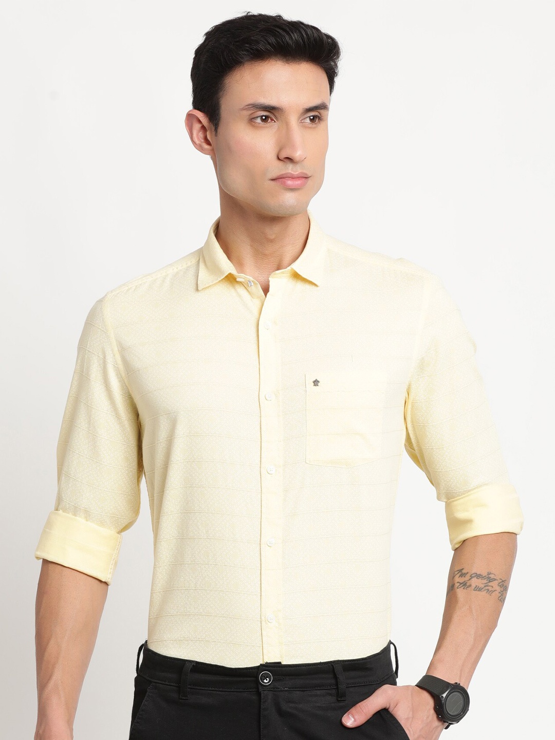 

Turtle Relaxed Horizontal Striped Pure Cotton Slim Fit Casual Shirt, Yellow