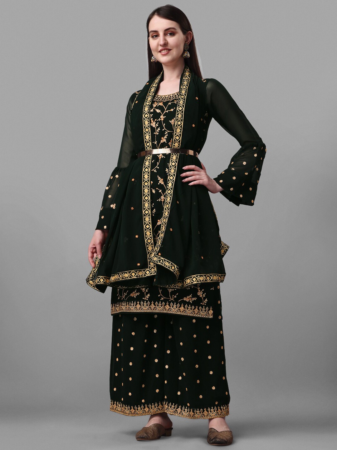 

JATRIQQ Embroidered Sequinned Silk Georgette Unstitched Dress Material, Green