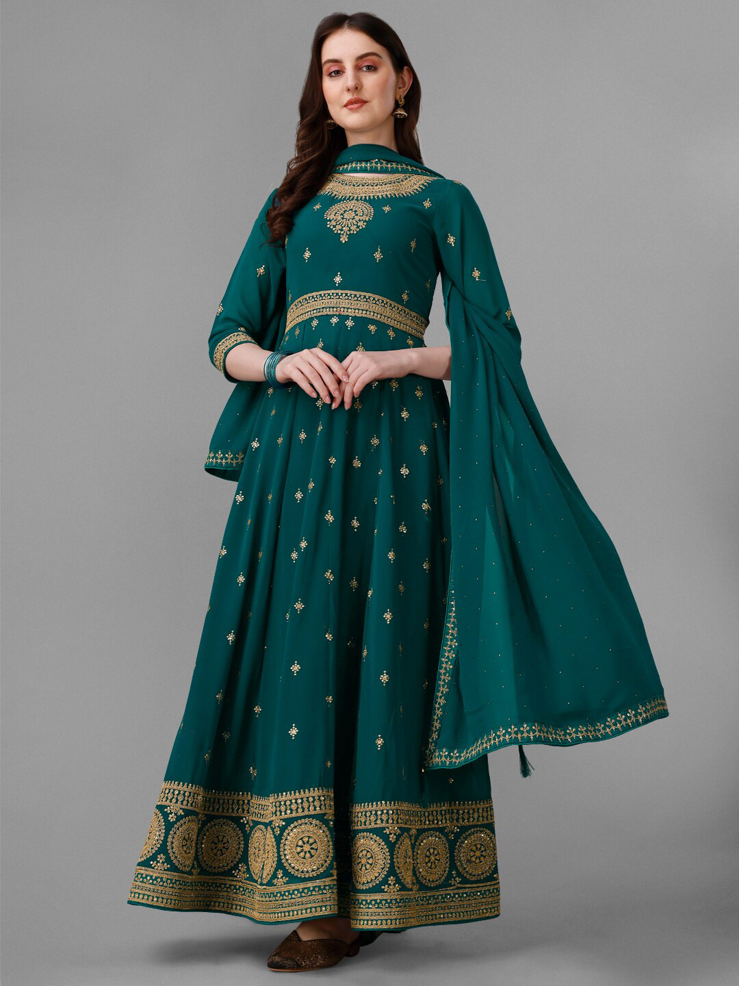 

JATRIQQ Embroidered Sequinned Silk Georgette Unstitched Dress Material, Teal