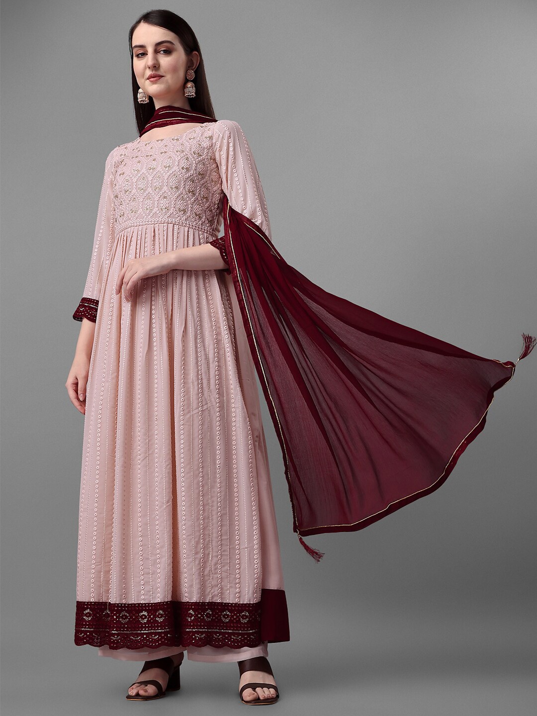 

JATRIQQ Ethnic Motifs Embroidered Silk Georgette Unstitched Dress Material, Peach