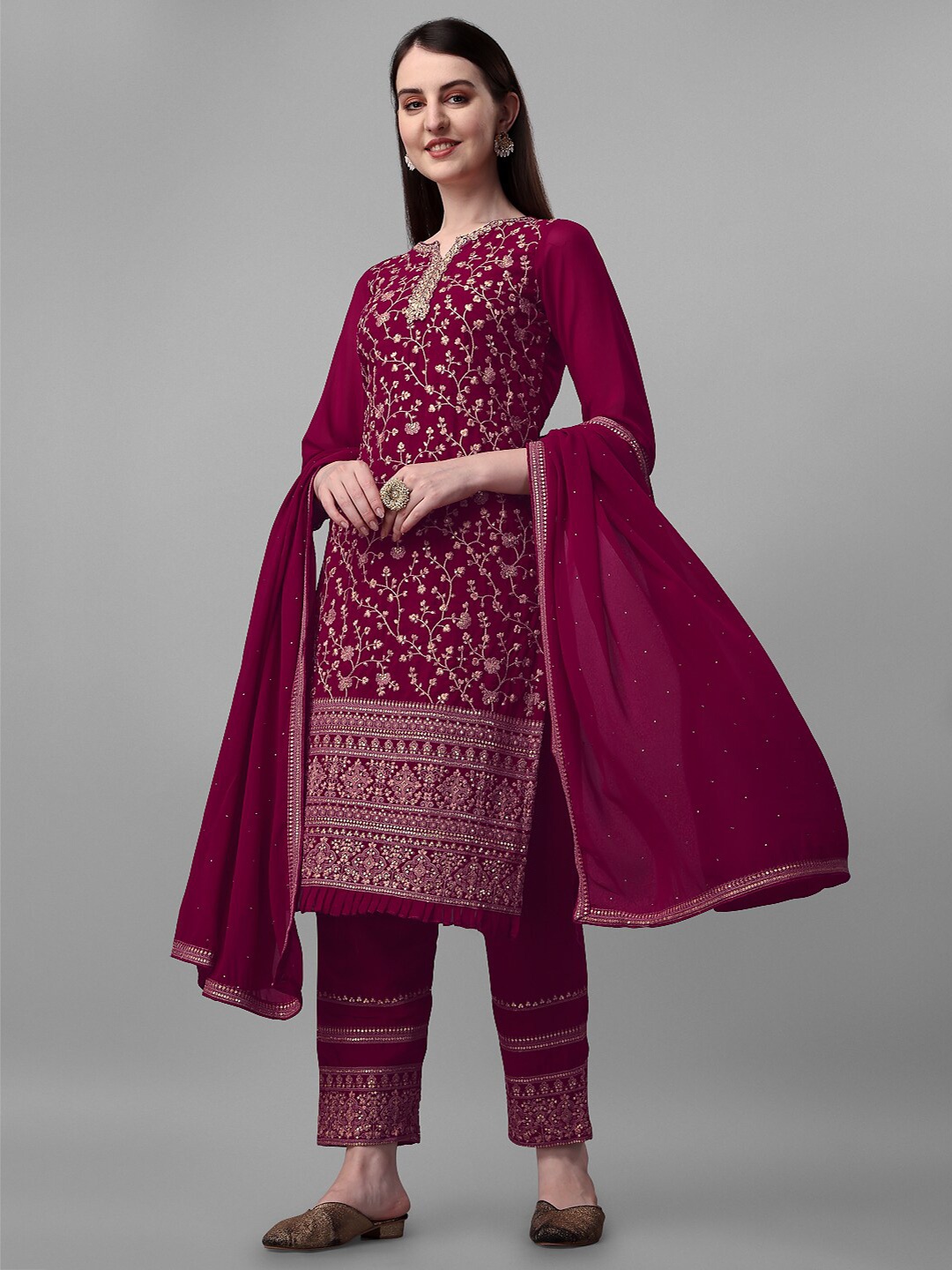 

JATRIQQ Embroidered Sequinned Silk Georgette Unstitched Dress Material, Magenta