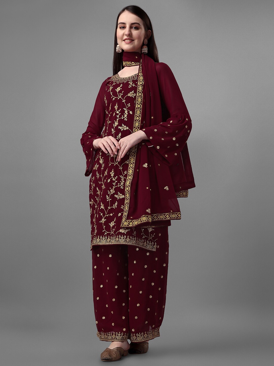 

JATRIQQ Sequinned Embellished Silk Georgette Unstitched Dress Material, Maroon