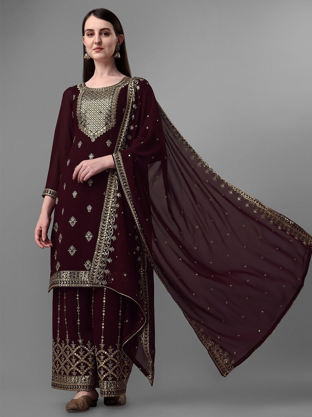 

JATRIQQ Embroidered Sequinned Silk Georgette Unstitched Dress Material, Purple