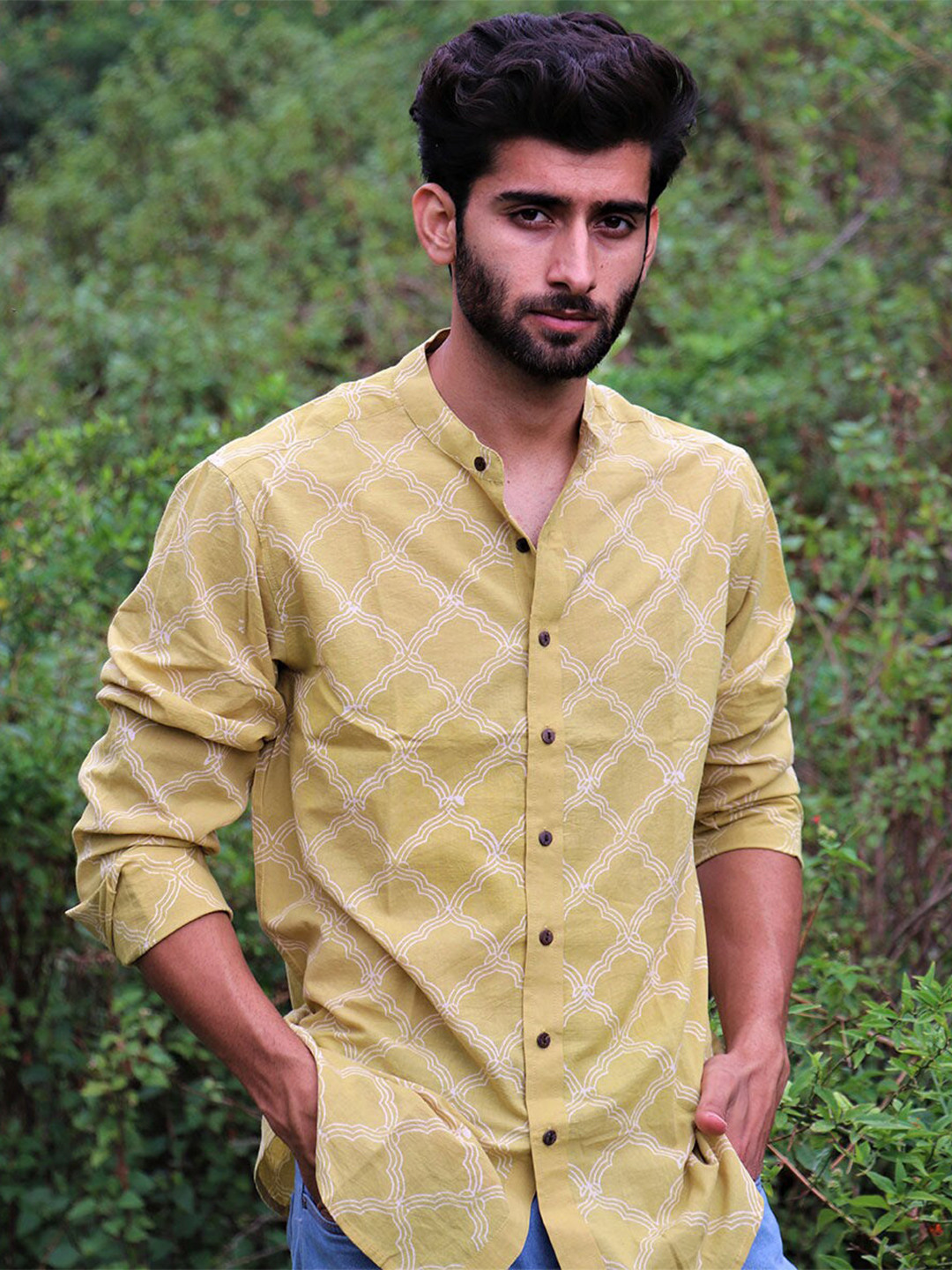 

Chidiyaa Geometric Block Printed Mandarin Collar Cotton Standard Casual Shirt, Yellow