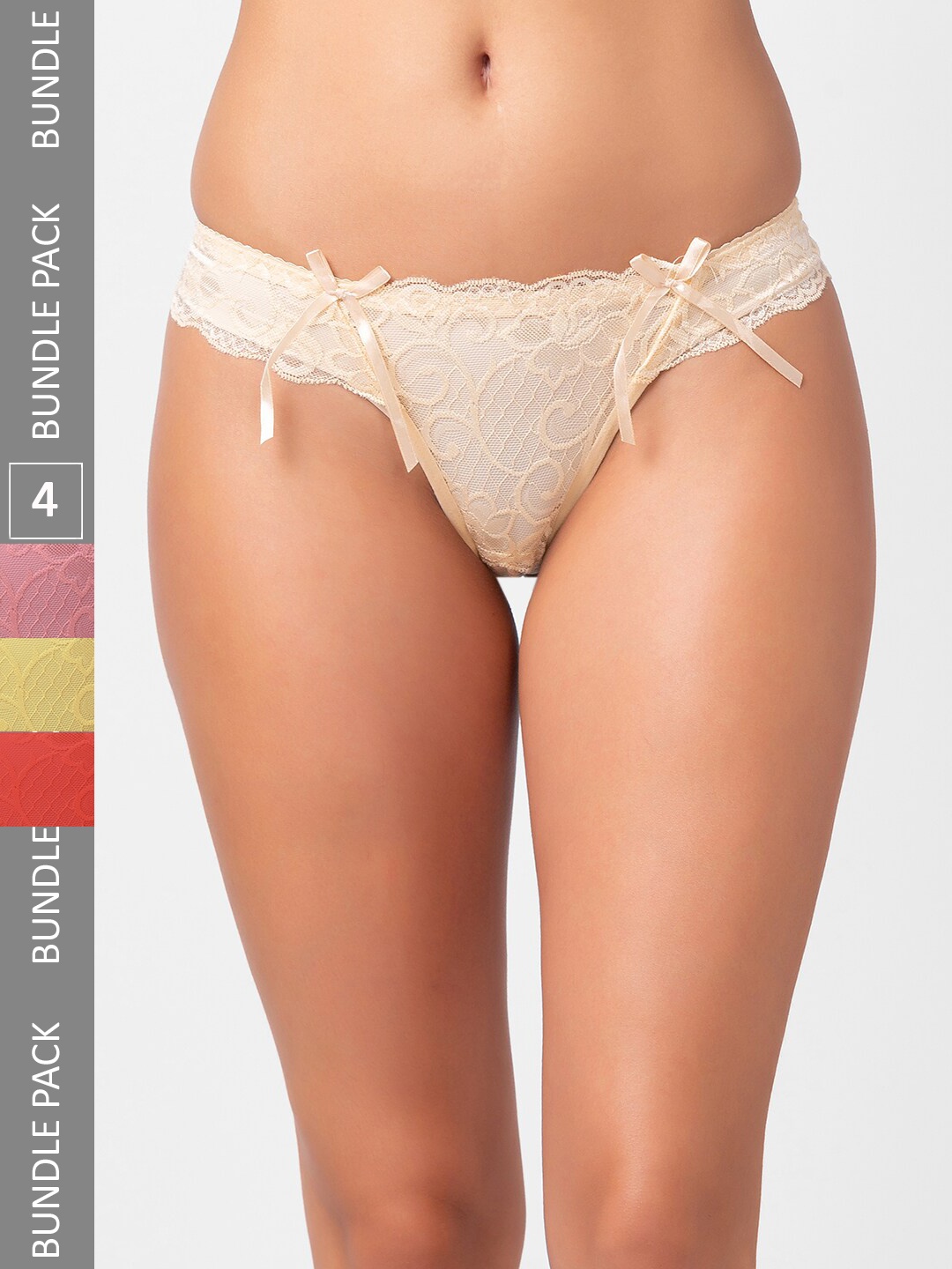 

NOIRA Women Pack Of 4 Assorted Self Design Laced Thongs Briefs