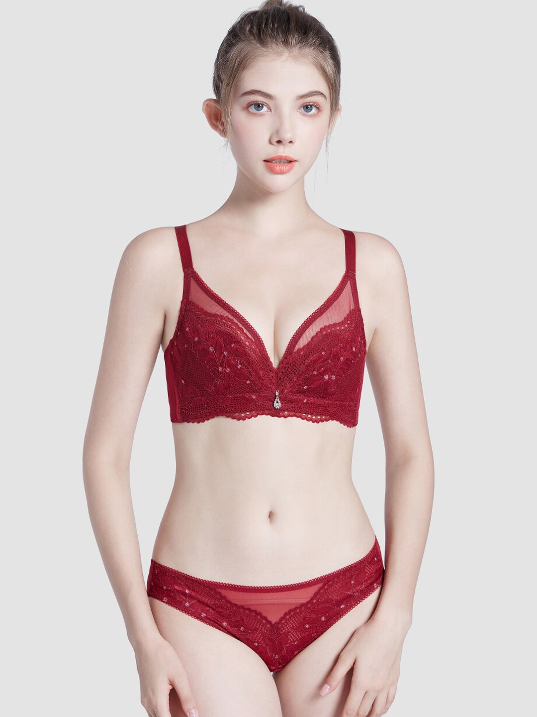 

JC Collection Self-Design Lace Lingerie Set LS-QR-6068-Red-32B