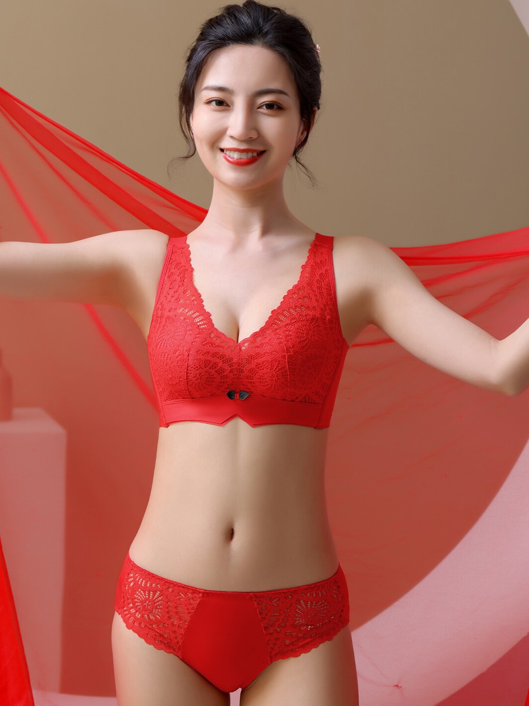 

JC Collection Self Designed Laced Lingerie Set LS-LJ-1459-Red-34