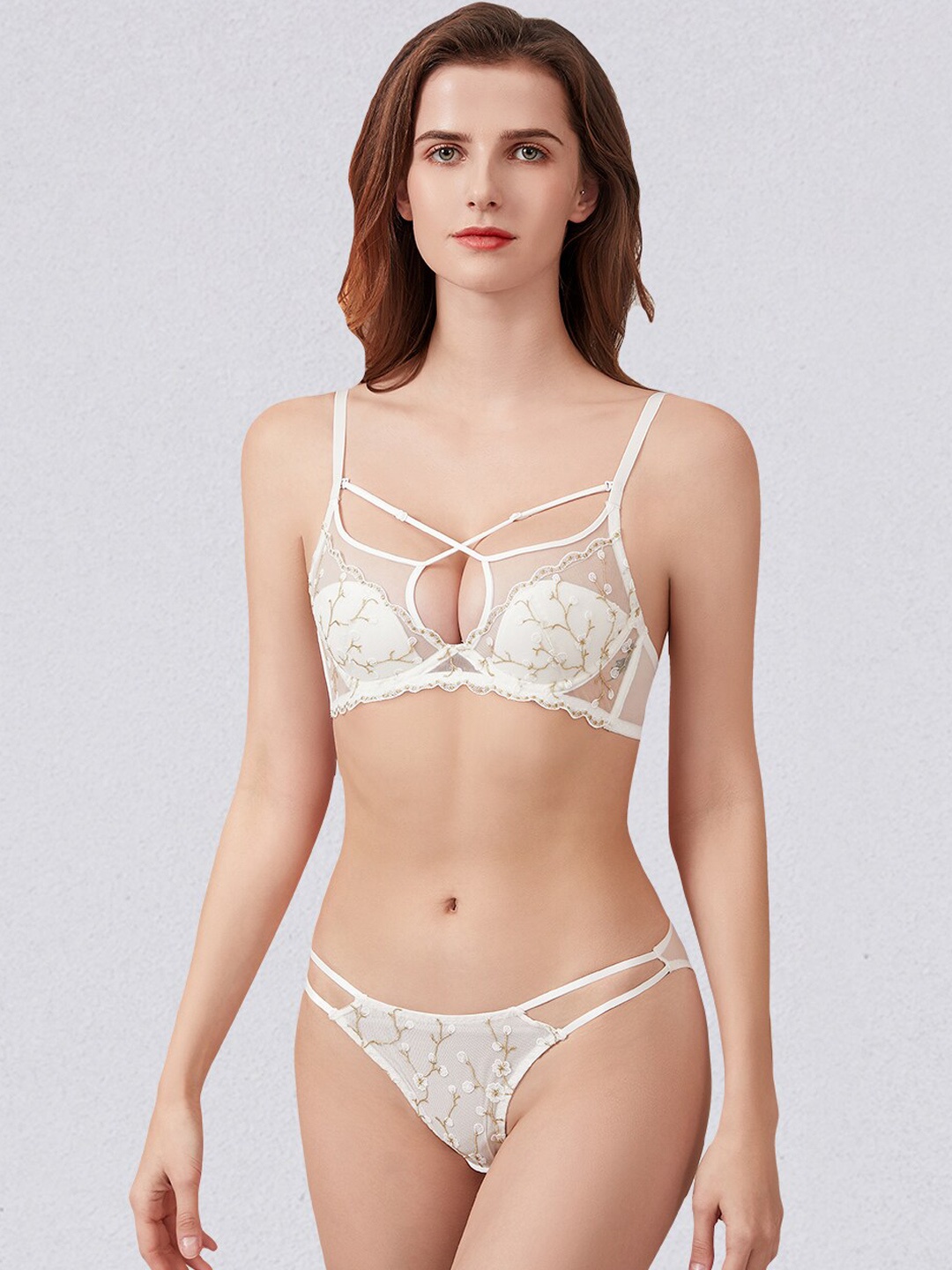 

JC Collection Self Design Lingerie Set LS-QZM-841-White-32B