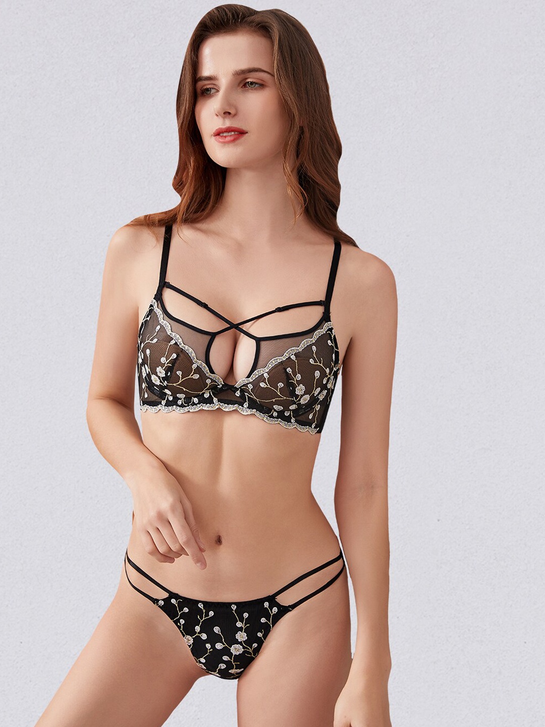 

JC Collection Self-Design Lingerie Set LS-QZM-841-Black-32B