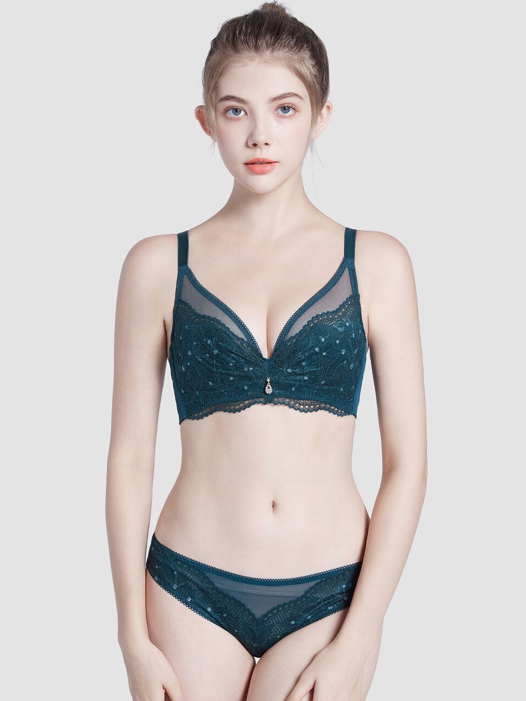 

JC Collection Self-Design Lingerie Set LS-QR-6068-Green-32B