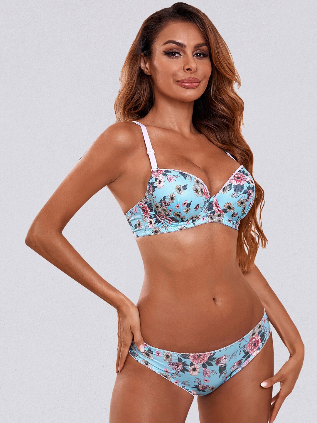 

JC Collection Printed Lightly Padded Lingerie Set, Blue