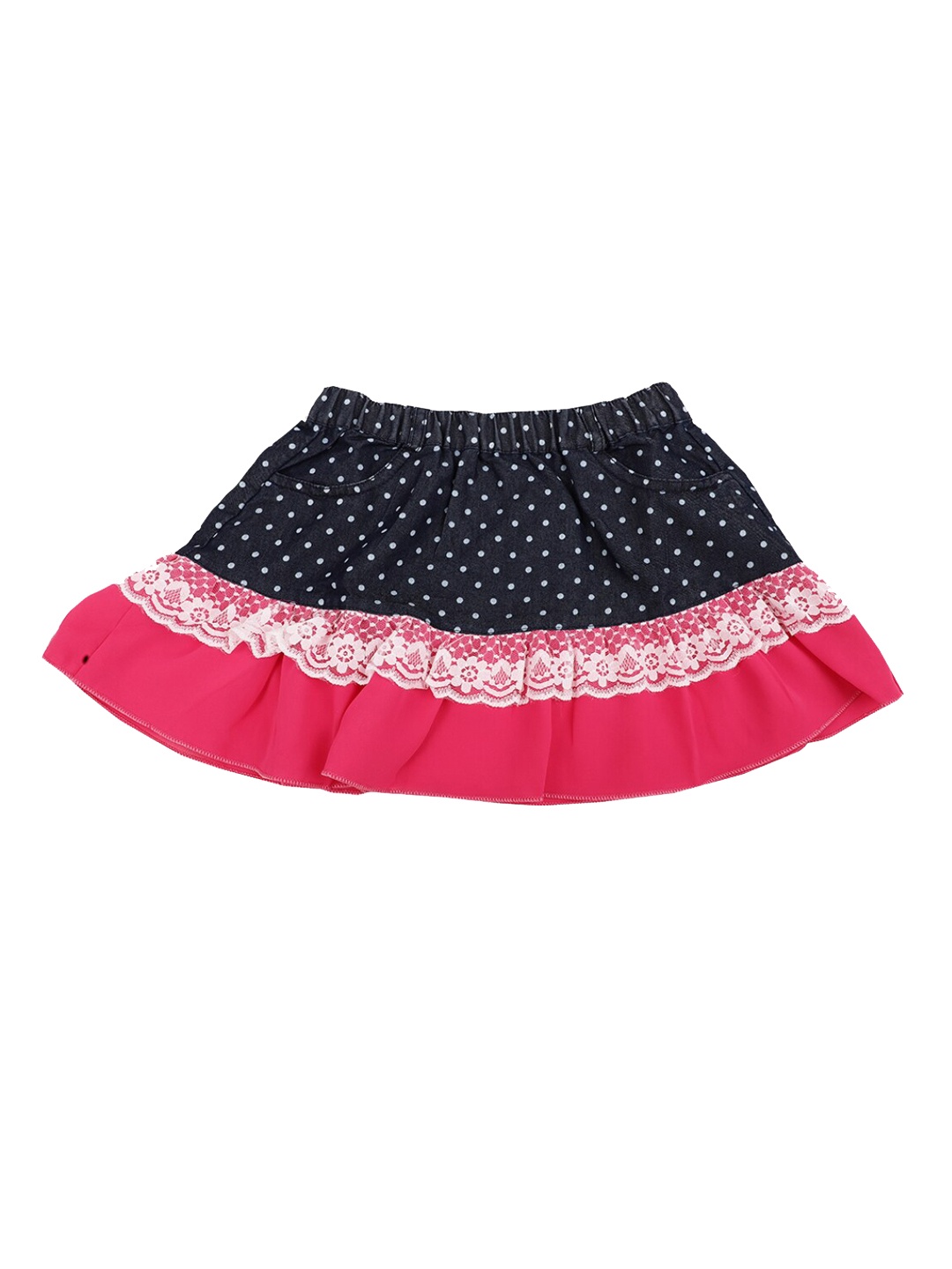 

V-Mart Girls Polka Dot Printed Flared Denim Skirt, Blue