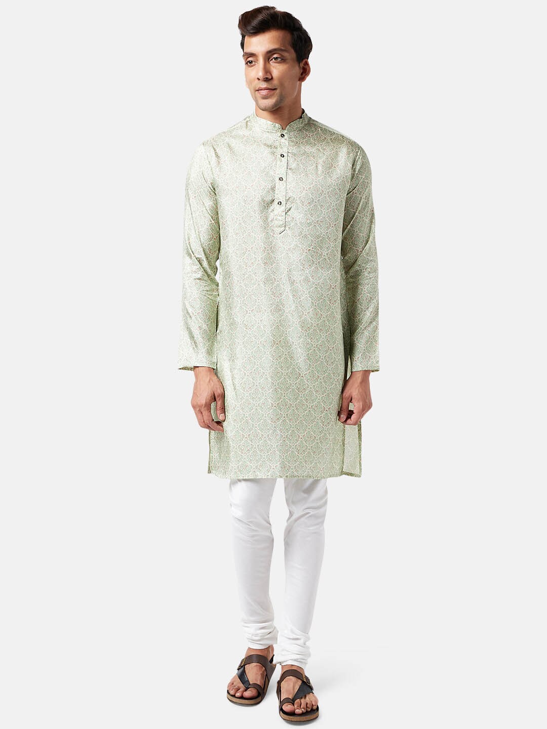 

indus route by Pantaloons Ethnic Motif Printed Mandarin Collar Straight Kurta, Sea green