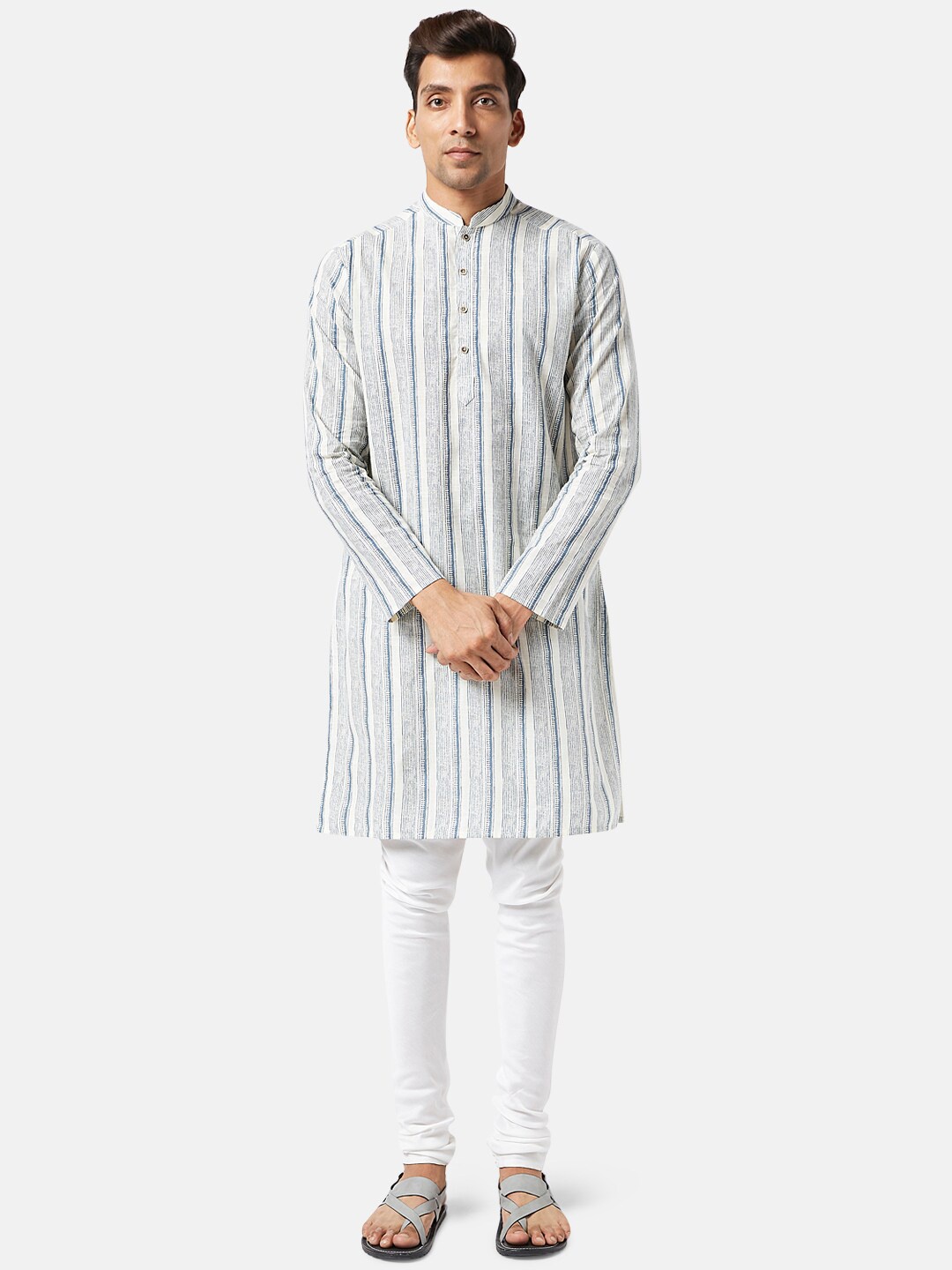 

indus route by Pantaloons Striped Mandarin Collar Pure Cotton Straight Kurta, Off white