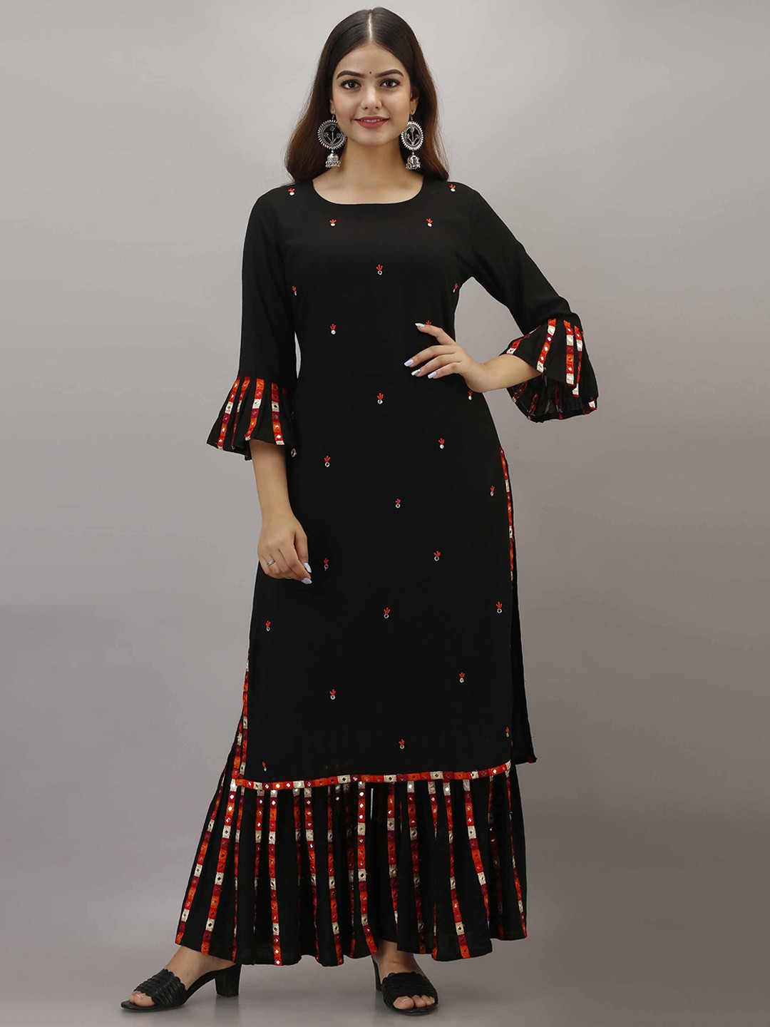 

Pankvi Floral Embroidered Regular Mirror Work Kurta With Sharara, Black