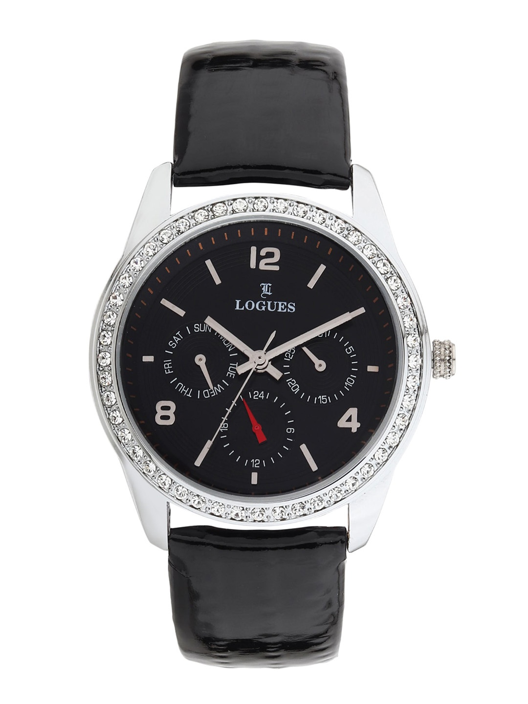 

LOGUES Women Embellished Dial & Leather Straps Analogue Watch L E-1705 SL-03, Black