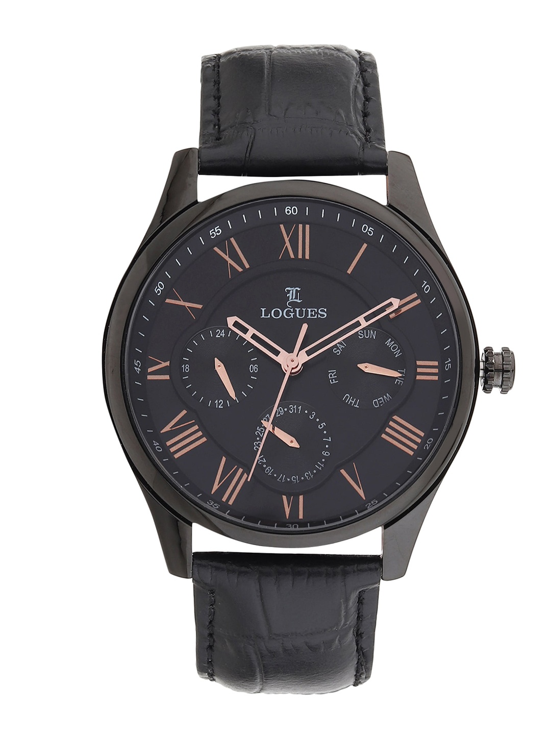 

LOGUES Men Leather Textured Straps Analogue Watch G E-1919 NL-03, Black