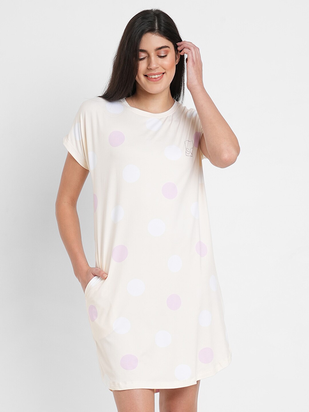 

Sweet Dreams Polka Dots Printed Nightdress, Beige