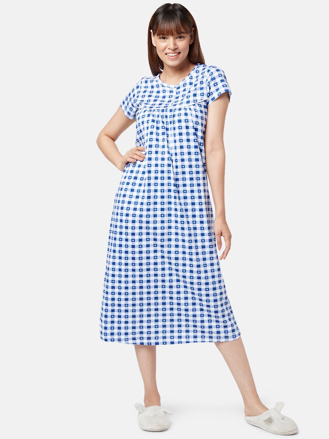 

YU by Pantaloons Checked Round Neck Nightdress, Blue