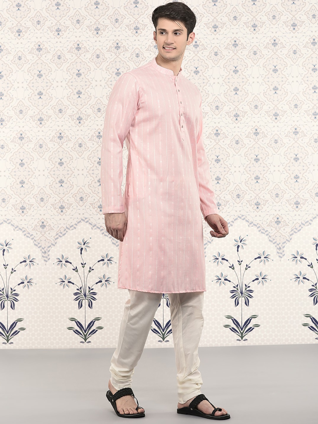 

Ode by House of Pataudi Striped Mandarin Collar Regular Kurta With Churidar, Pink