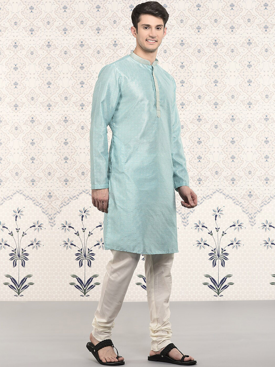

Ode by House of Pataudi Floral Woven Design Mandarin Collar Kurta With Churidar, Blue