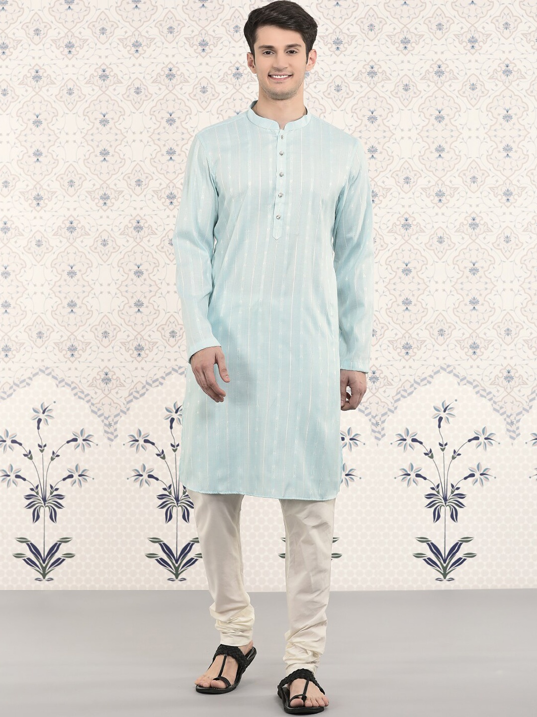 

Ode by House of Pataudi Woven Design Striped Regular Kurta With Churidar, Blue