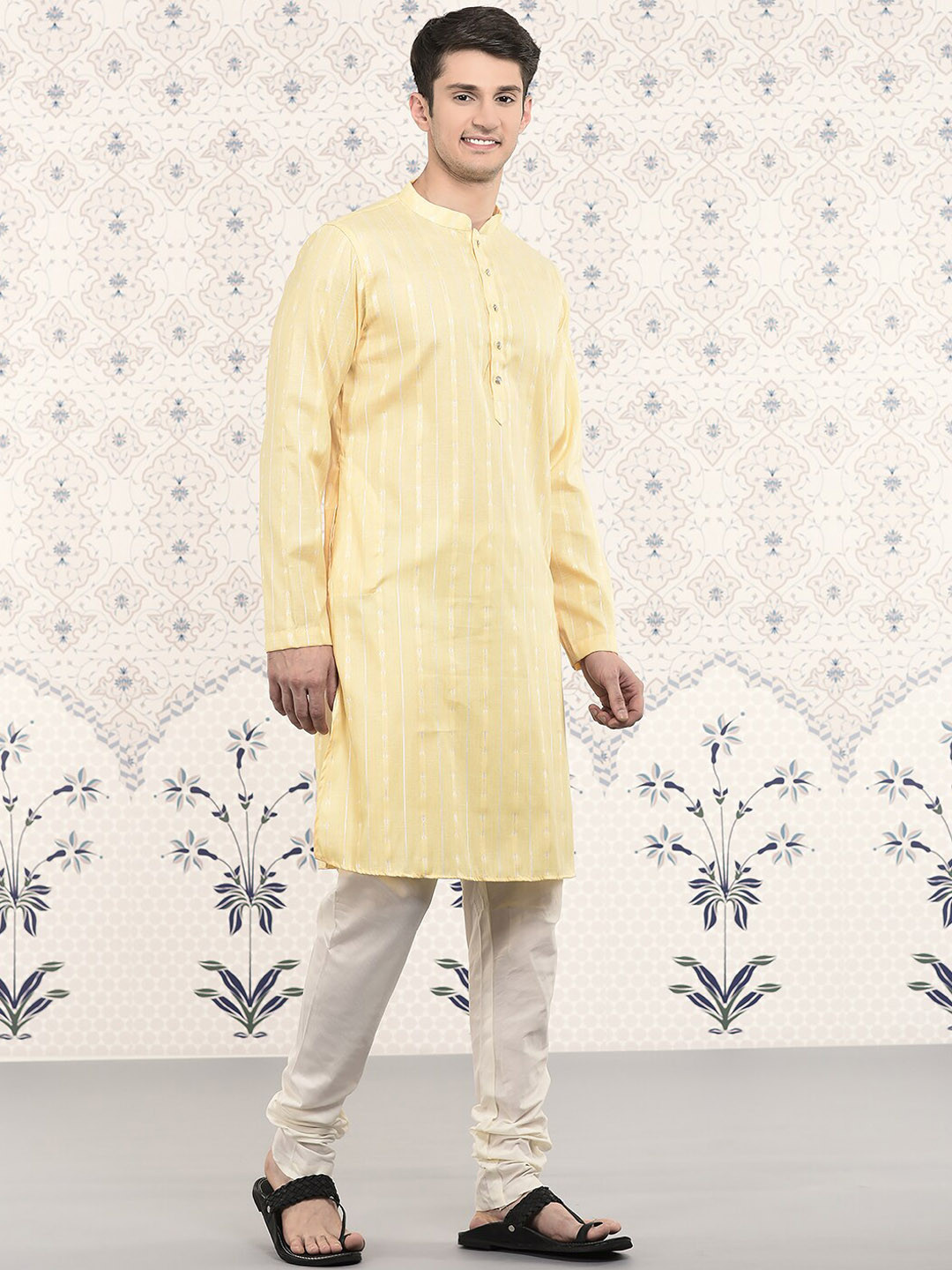 

Ode by House of Pataudi Woven Design Striped Regular Kurta With Churidar, Yellow