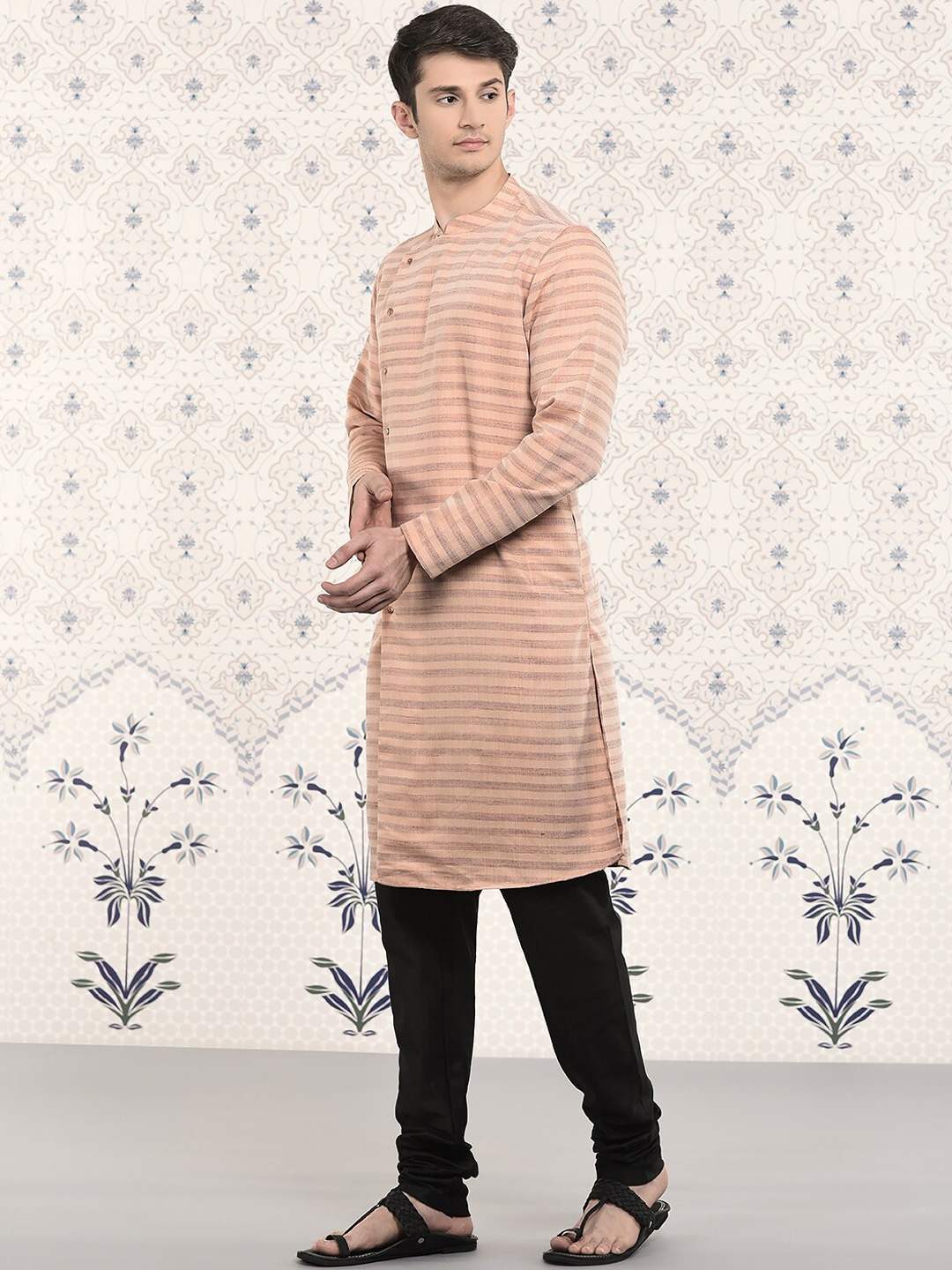 

Ode by House of Pataudi Striped Mandarin Collar Regular Kurta With Churidar, Orange