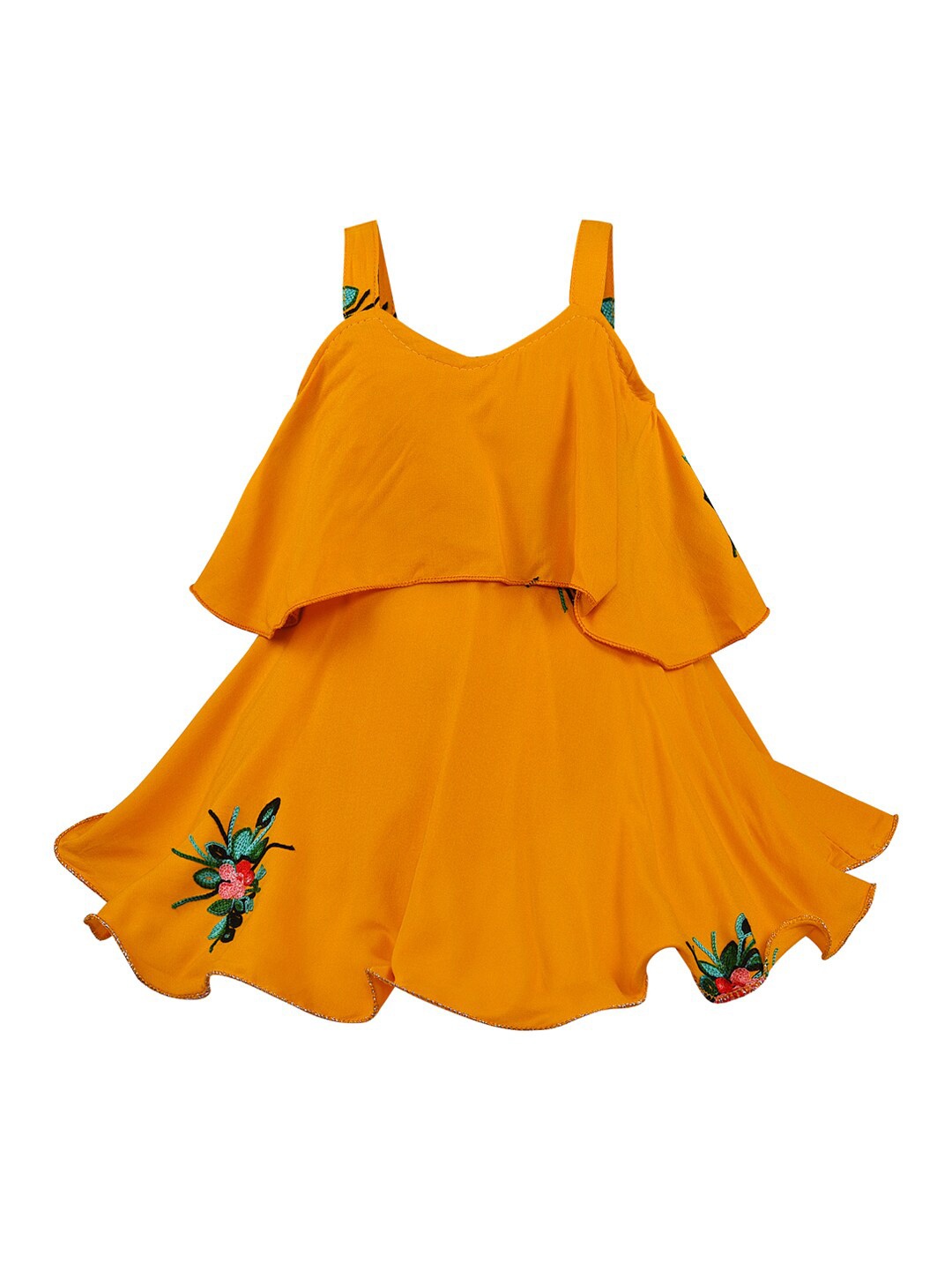 

Wish Karo Girls Embroidered Floral Shoulder Strap A-Line Cotton Dress, Yellow