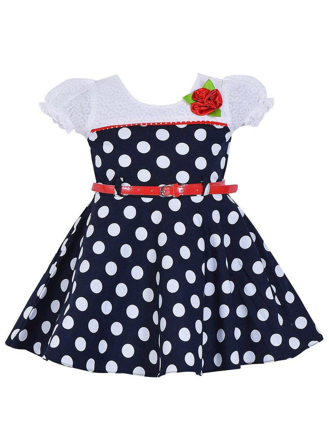 

Wish Karo Girls Polka Dot Print Puff Sleeve Cotton Fit & Flare Dress, Navy blue