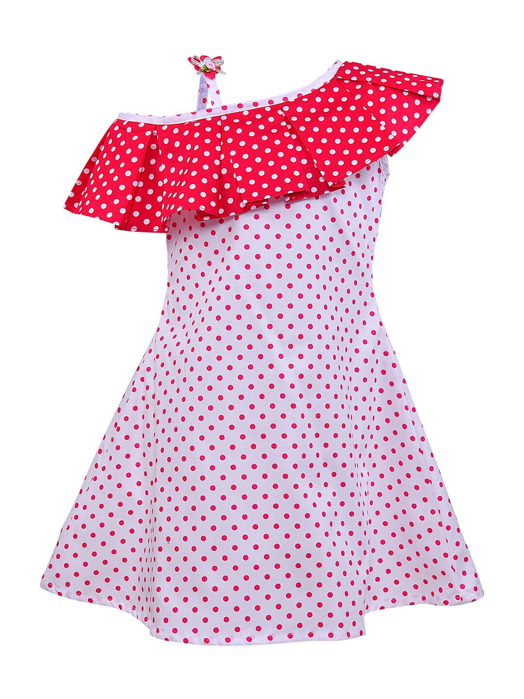 

Wish Karo Girls Asymmetric Ruffles Polka Dot Printed A-Line Cotton Dress, White