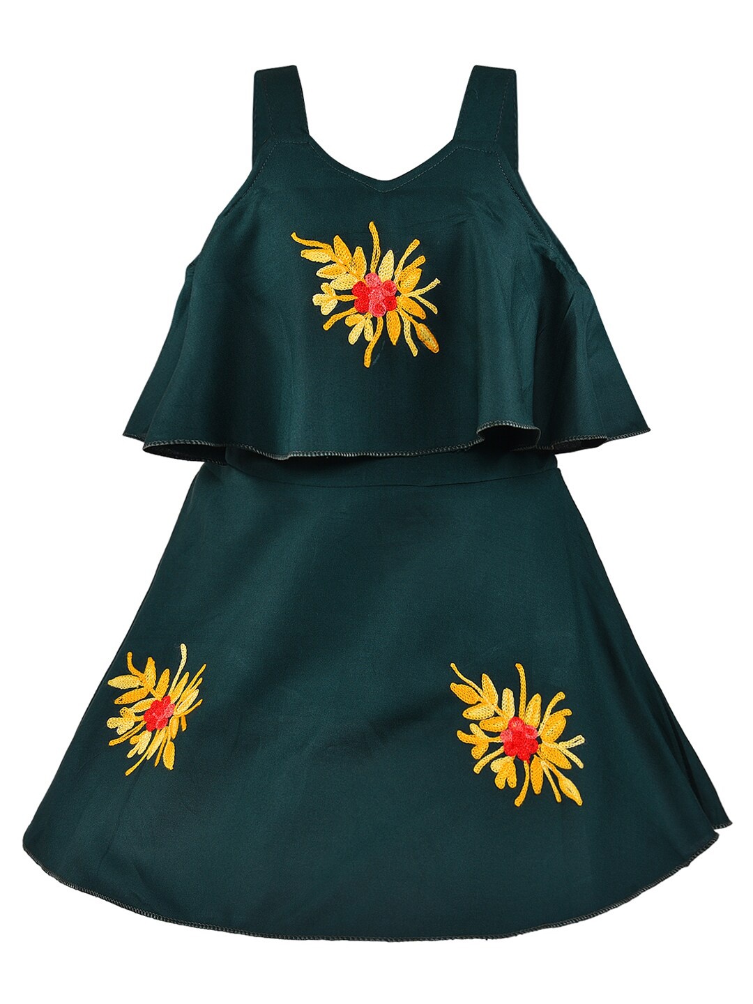 

Wish Karo Girls Embroidered Floral Shoulder Strap A-Line Cotton Dress, Green