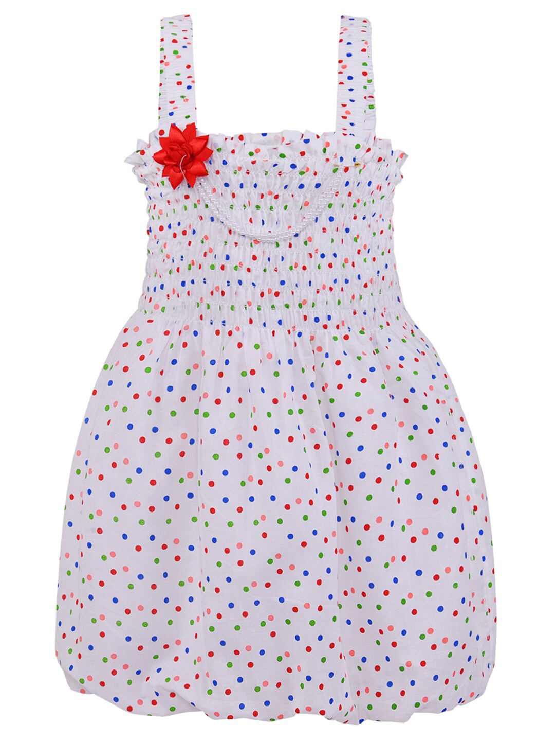 

Wish Karo Girls Polka Dot Print Shoulder Straps Smocked Fit & Flare Dress, Red