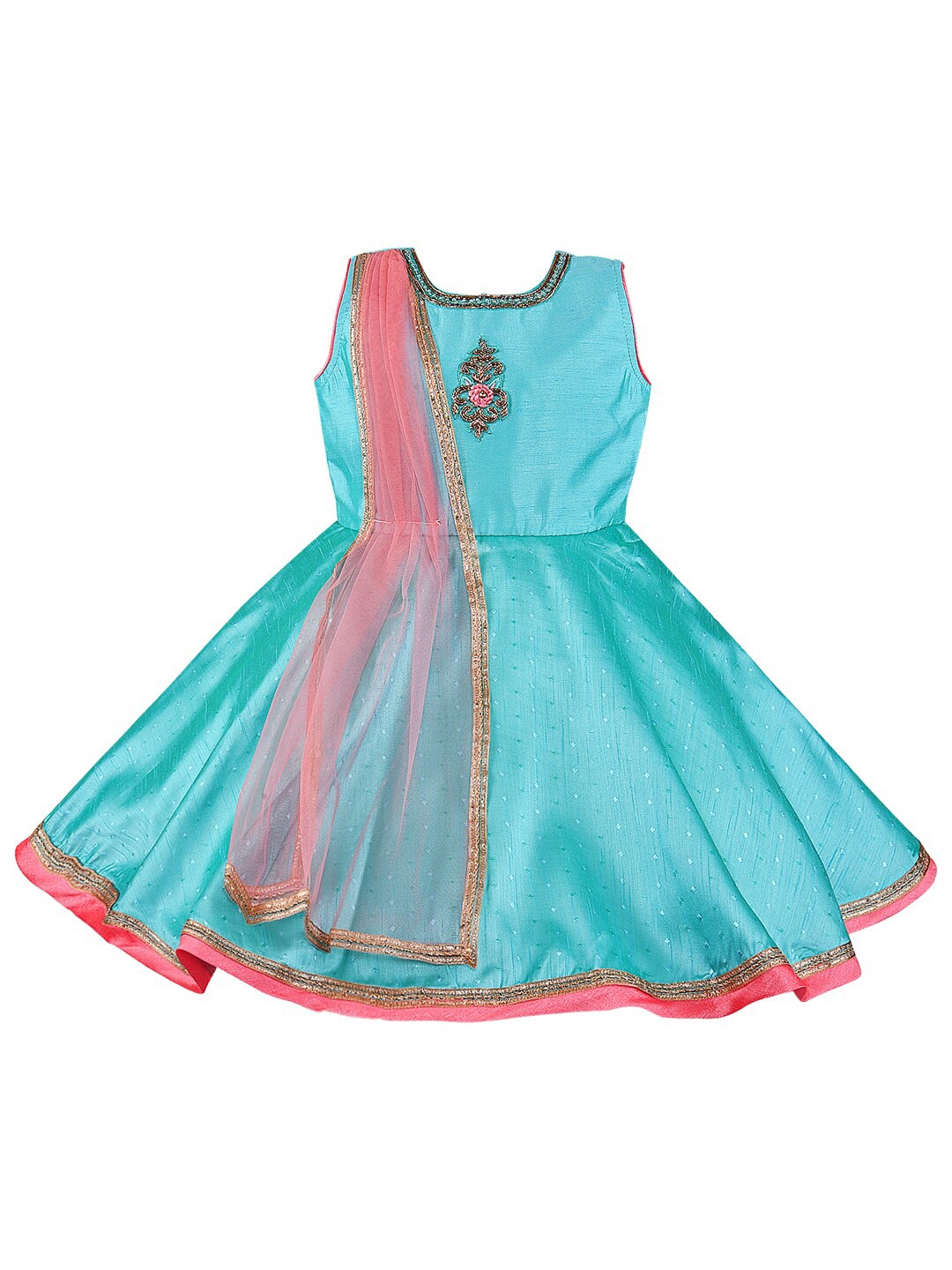 

Wish Karo Girls Self Design Embroidered Fit & Flare Ethnic Dress With Dupatta, Turquoise blue