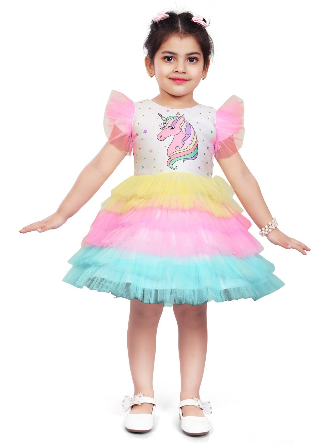 

Wish Karo Girls Flutter Sleeve Net Fit & Flare Dress, White