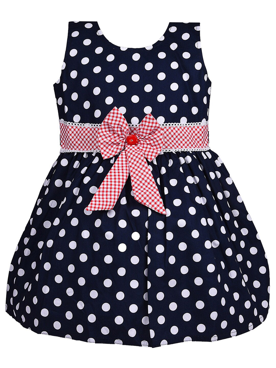 

Wish Karo Girls Polka Dot Printed Sleeveless A-Line Cotton Dress, Navy blue