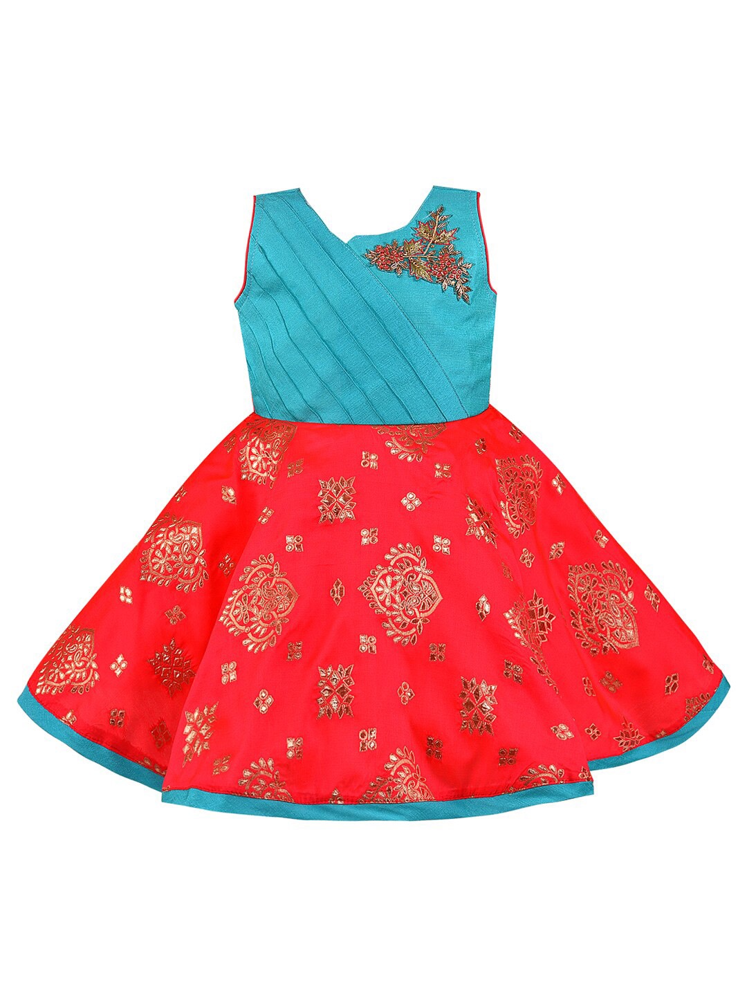 

Wish Karo Girls Ethnic Motif Printed Embroidered Fit & Flare Dress, Turquoise blue