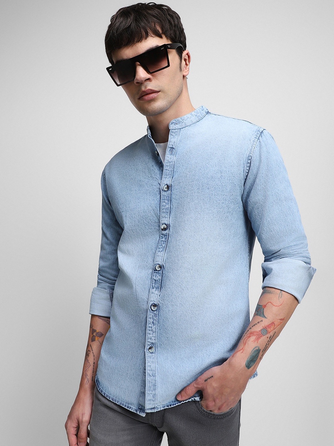 

Dennis Lingo Band Collar Slim Fit Faded Pure Cotton Casual Shirt, Blue
