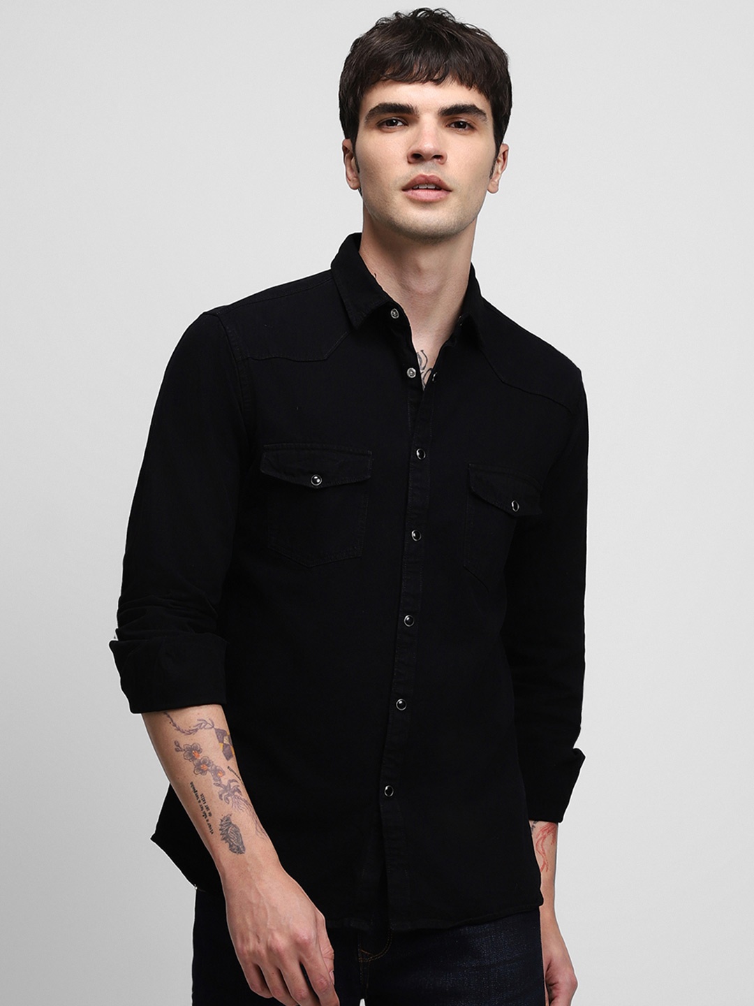 

Dennis Lingo India Slim Spread Collar Slim Fit Pure Cotton Denim Shirt, Black